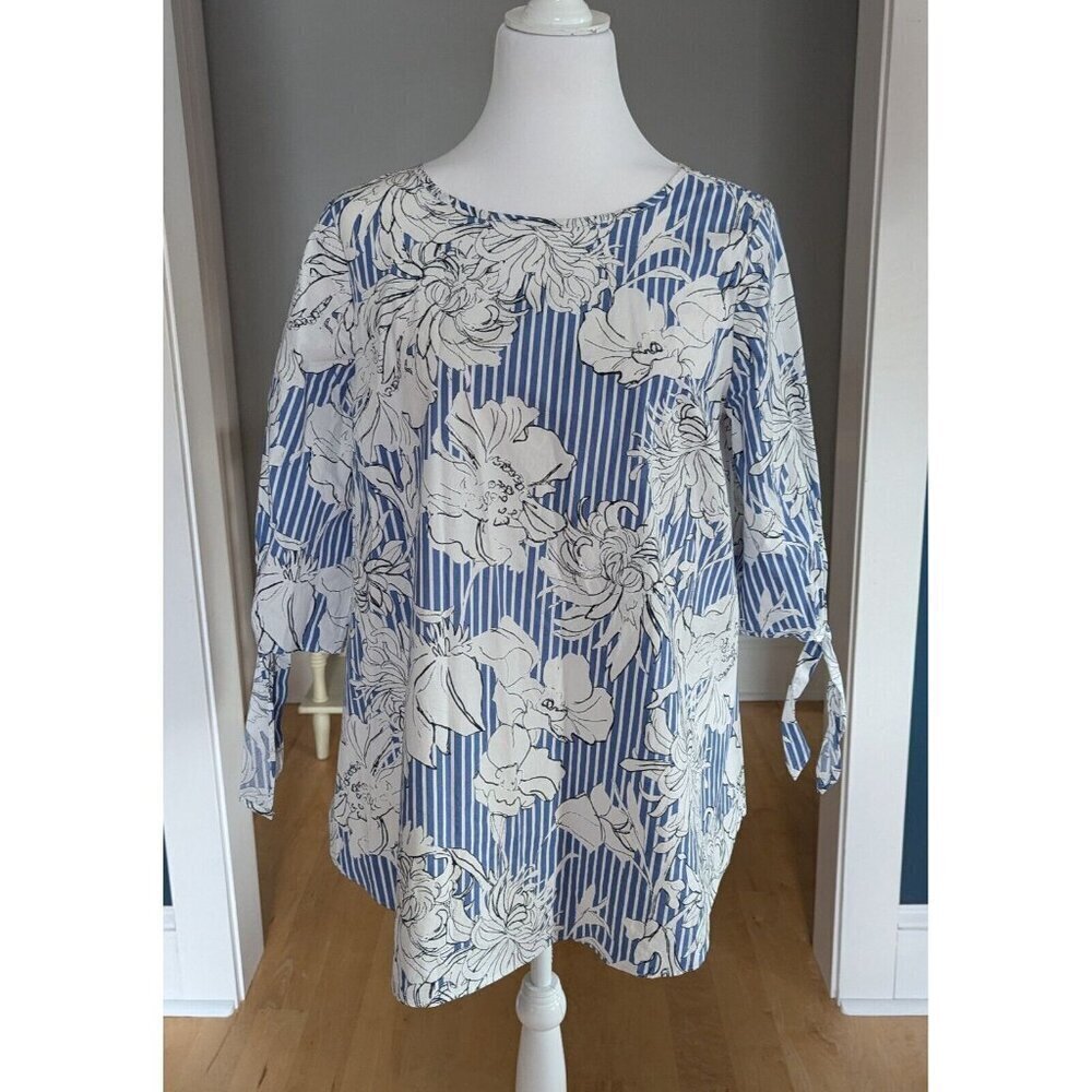 Isabel Maternity By Ingrid & Isabel Blue Floral Striped Cotton Top Size M